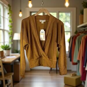 NWT Band of Gypsies Women's Long Sleeve Surplice Top Metallic Gold S Boho Fairy